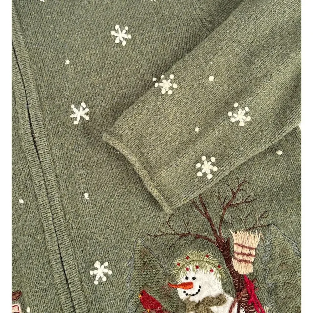 Croft & Barrow Christmas Cardigan Snowman Sweater Green MED Full Zip Grannycore